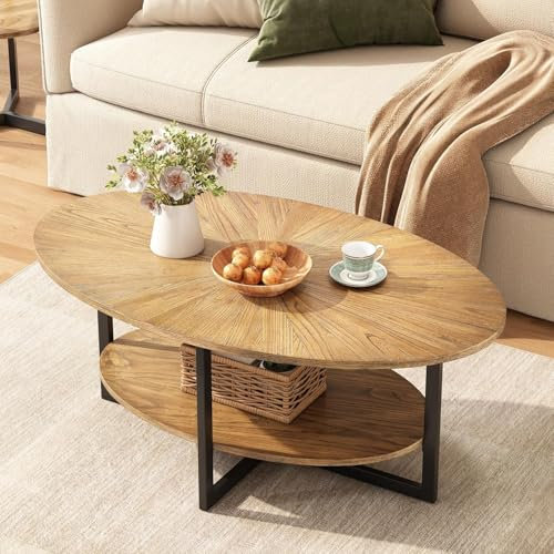 PADMA HOUSE Couchtisch Oval Holz mit Tablett, 110 * 66 Modern wohnzimmertisch mit Kreuz Metall Beine, Kaffeetisch für Wohnzimmer Schlafzimmer