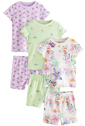 NEXT Mädchen Kurzer Schlafanzug aus 100% Baumwolle, 3er-Pack Purple Floral 122-128
