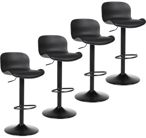 Flysky Tabouret de Bar Lot de 4, Tabouret pivotante à 360° réglable en Hauteur, Chaise de Bar avec Dossier et Repose-Pieds, Similicuir Chargeable 120kg Tabouret de Cuisine, Noir
