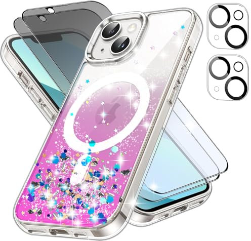 5-in-1 Pink Glitzer Hülle für iPhone 13 / iPhone 14 mit 2X Privacy Schutzfolie 2X Kameraschutz folie Schutzhülle für Mädchen, Anti Spähen folie Handyhülle mit Mag-Safe Kabellosem Laden Stoßfest