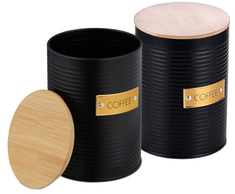 Relaxdays coffee storage tin, set of 2, metal, bamboo lid, HxD: 16 x 11 cm, coffee bean canister, black/natural