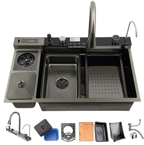 XDCXYD Fregadero Inteligente De Cocina Con Dos Cascadas Soporte Para Cuchillos Cubo De Basura Y Lavaplatos Para Verduras, Ideal Para El Balcón De Casa
