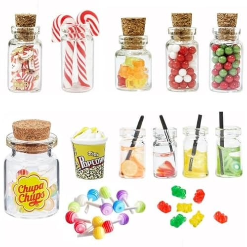 hankousi 15 Stück Miniatur-Lebensmittel und Getränke, Weihnachtsbonbons, Miniatur-Küchenspielzeug, Zubehör für Zwerg, Tür, Schreibtisch, Raumdekoration