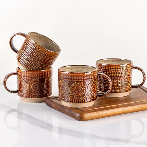 GBhome 12 OZ Stackable Coffee Mugs Set of 4, Ceramic Coffee Cups Set | Coffee Cups for Latte, Tea, Cocoa&Milk, Ideal for Daily Use&Gifts, Microwave&Dishwasher Safe, Caramel