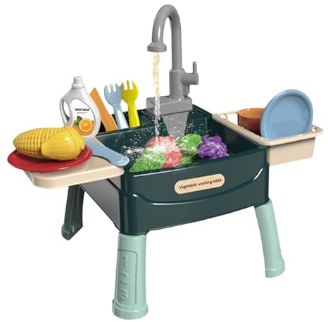 Xweptuy Évier de Jeu avec Eau Courante pour Enfants de 3 Ans et Plus, 23 pièces/Ensemble d'évier en Plastique sûr avec Coupe Fruits et légumes Robinet Travail, Jouets Jeu d'eau réutilisables