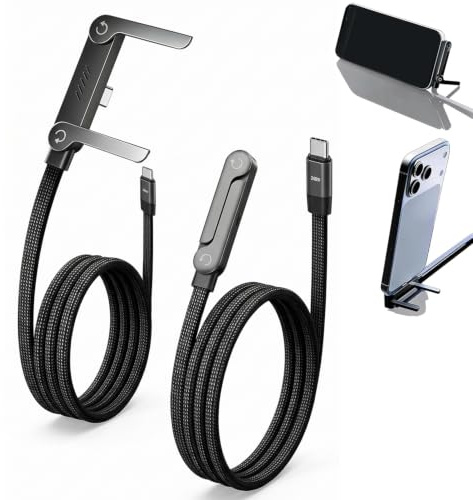 2PCS 240W Invisible Stand Charging Cable, 5 FT, Type-C, Built-in Stand Legs | Flat Braided Fast Charger, 360° Adjustable, 90° Angled Connector, for Smartphones, Tablets, Laptops & Gaming Devices, Black