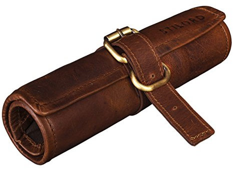 STILORD 'Felix' Stifteetui Leder Vintage groß Federmäppchen Lederetui rund Federmappe Schlamperrolle Federtasche Tasche Echtleder, Farbe:Cognac - Dunkelbraun