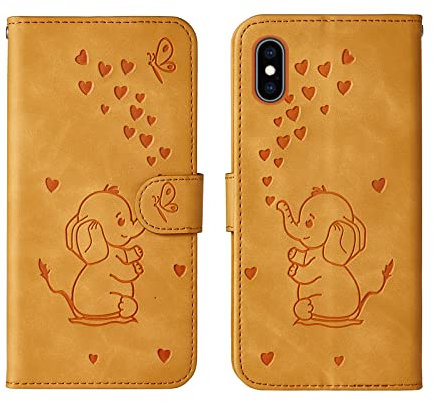 Bartern Flip Case for iPhone X/iPhone XS,Cute Elephant PU Leather Folio Flip Wallet Phone Case Cover with Card Holder Magnetic Closure and Stand Feature for iPhone X/XS,Yellow