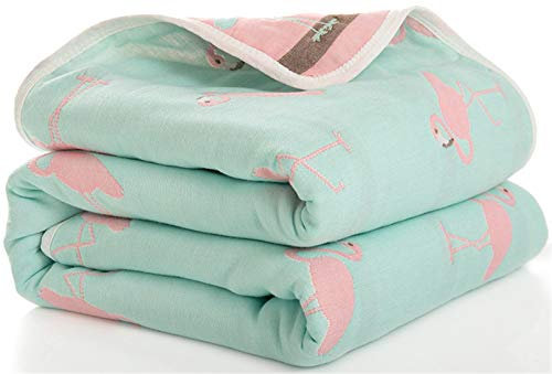 Hayisugal Kinder Decke 6-lagig Babydecke aus 100% Baumwolle - kuschelige Baumwolldecke Ideal als Kinderwagendecke, Erstlingsdecke, Bettdecke oder Kuscheldecke, Grün Flamingo, 110x110cm