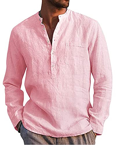 LVCBL Herren-Hemd aus Leinen, langärmelig, mit Bandkragen, Henley-Hemd, rose, XXL