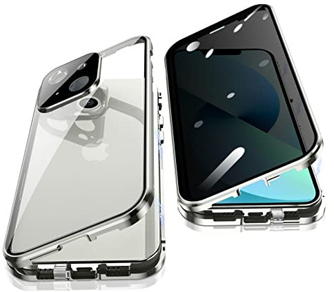 Jonwelsy Anti Peeping Case for iPhone 13 (6.1), 360 Degree Front and Back Privacy Tempered Glass Cover, Anti SPY Screen, Anti Peep Magnetic Adsorption Metal Bumper for iPhone 13 (Silver)