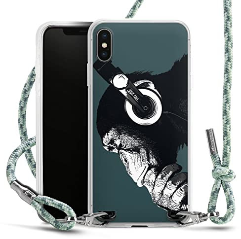 DeinDesign Carry Case kompatibel mit Apple iPhone XS Max Hülle mit Band Handykette zum Umhängen hellgrün AFFE Kopfhörer Musik