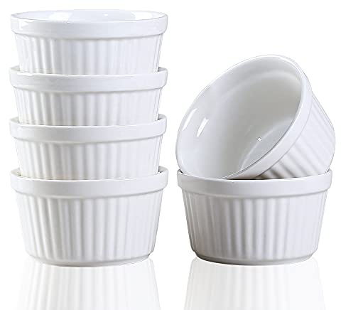 YAZYLIFE Ramekins 6oz Oven Safe,Creme Brulee Ramekin and Souffle Dishes,Porcelain Baking Bowls,Dipping Sauce Dish.Pudding Cups,Set of 6, White