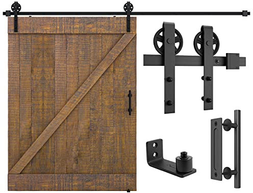 SMARTSTANDARD Kit de matériel robuste pour porte coulissante de grange de 3 m, noir (L'ensemble comprend 1 poignée de traction et 1 guide au sol) pour panneau de porte de 152,4 cm de large (grands