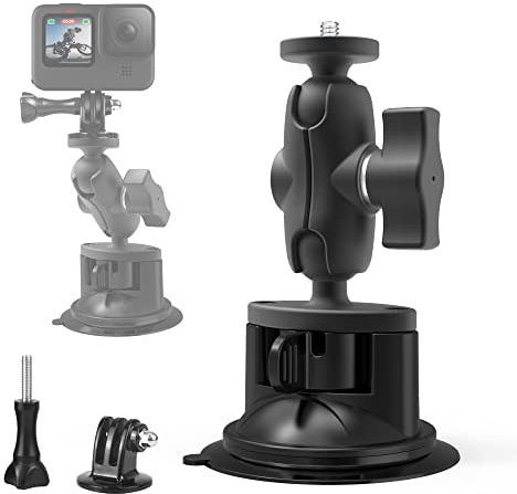 Suction Cup Mount with Dual 360° Ball Head Magic Arm for GoPro/Insta360 | Action Cameras Car Windshield Suction Mount Bracket, 1/4 Thread & Adapter for GoPro Hero, for Insta360, for Osmo Action
