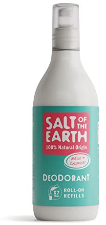 Natural Deodorant Roll On Refill by Salt of the Earth, Melon & Cucumber - Vegan, Long Lasting Protection, Leaping Bunny Approved, Made in the UK - 525ml