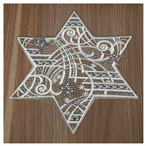 DSD Design-Studio Drechsler Winter-Tischdecke Sternenschweif Plauener Spitze modernes Deckchen Stern mit Mustern Tischdeko Advent grau-Silber