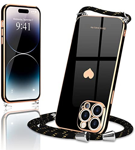 Wirvyuer Handyband Kompatibel mit iPhone 14 Pro Max Handyhülle Necklace Hülle mit Band zum Umhängen Kameraschutz Liebesherz Schutzhülle mit Kordel Silikon Umhängetasche für iPhone 14 Pro Max Schwarz