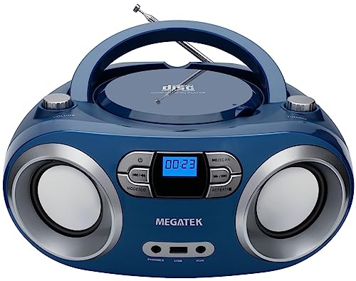 MEGATEK Portable CD Player Boombox with FM Radio, Bluetooth, USB Port, AUX Input, and Headphone Jack – CD-R/CD-RW/MP3-CD Compatible, Clear Stereo Sound, Backlit LCD Display – Blue Jay