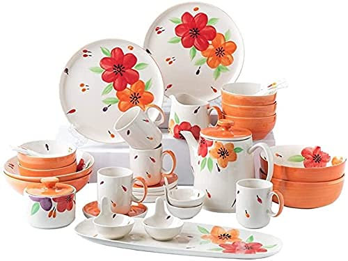 Juegos de platos llanos, 52 piezas, juegos de vajilla de porcelana, pintados a mano, juegos de platos esmaltados de colores, tazones, platos llanos, tazas, platillos, servicio principal para 6,10,