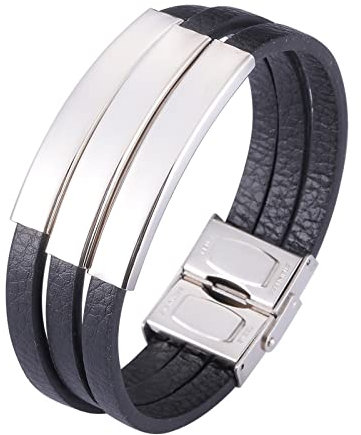 AMDXD Geschenke Für Männer Paar Armbänder, PU Leder Armbänder Herren zum Gravieren 3 Schichten Kette Armband Silber Handhandgelenk Kette Edelstahl mit Sicherheitsverschluss, Länge 16.5cm