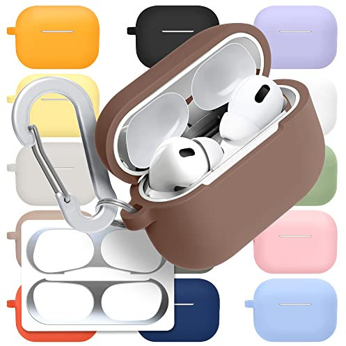 superdivision Silikon Hülle für AirPods Pro 2 (2022) Stoßfest Schutzhülle mit Karabiner Staubdichter Metallic-Aufkleber kabelloses Laden AirPods Pro 2 [Front-LED Sichtbar] (Chestnut)