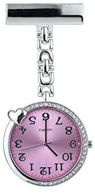 Caduceus Nurse Fob Watch for Medical Professionals, Beauticians & Carers, Metallic Clip-on Nurse Watch Brooch with Delicate Heart & 34x Shining Crystal Diamonds Studded