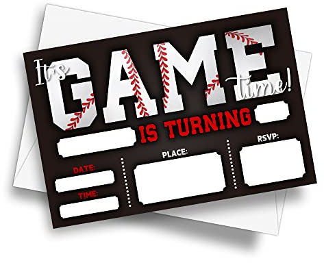 DETIHO E06 Einladungskarten mit Umschlägen, Baseball-Motiv, Geburtstagsparty, Einladungskarten mit Umschlägen, Motiv It's Game Time, 20 Sets