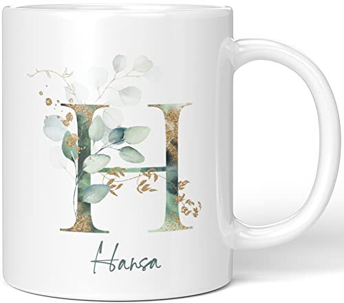 JUNIWORDS Tasse, Hansa, Name Anfangsbuchstabe Initial Alphabet Floral Buchstabe H Monogramm Motiv, Weiß (5451141)