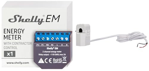 Shelly EM + Shelly Trasformatore di Corrente 50A Bundle, Interruttore a Relè Intelligente, Contatore di Energia, Controllo Contattori, Domotica, Monitoraggio dell'Energia, iOS Android