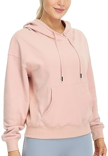 icyzone Felpa da donna in pile, con cappuccio, sportiva, a maniche lunghe, casual, con tasca a marsupio, Rosa chiaro, XL