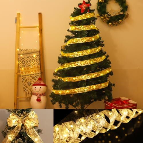 Oiamker Weihnachtsband Lichter, 5m 50 LED Weihnachtsbaum Band Lichter, Glänzende Band Lichterkette mit 2 Leuchtmodi für Weihnachtsbaum Dekorationen, Party,Hochzeiten und Urlaubsdeko (Warmweiß)