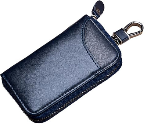 Etui Porte-Clé Cuir,Etuis Porte-Clés de Voiture,Housse de Protection clé de Voiture,Porte-clés avec Crochet en métal Et Fermeture éclair,Pochette Porte Cles Avec 6 crochets (Bleu)