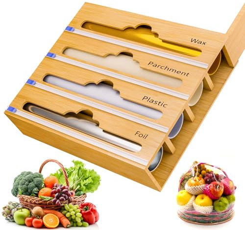 VROOFIX 4-in-1-Spender für Aluminiumfolie, Pergament, Wachspapier und Plastikfolie, Bambusspender, kompatibel mit 27,9 cm Rolle, ideal für die Aufbewahrung in der Küche