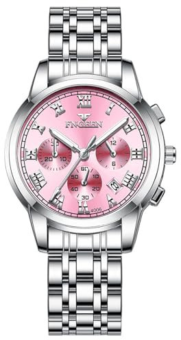 Silverora Uhren Damen Edelstahl Kalender: 3ATM Wasserdicht DREI Augen Multifunktion Analoge Quarz Armbanduhr mit Leuchtende Zeiger Edelstahlarmband Uhr Geschenke für Frauen Silber Rosa