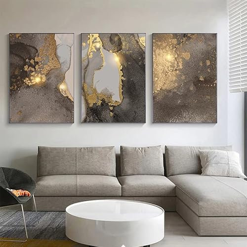 FSLEOVN 3er Set Leinwand Bilder, Beige und Gold, Abstrakte Poster Marmor, Moderne Wohnzimmer Dekor, Luxus Kunstdruck Wand Bilder, Kein Rahmen (A,60x90cm x3)