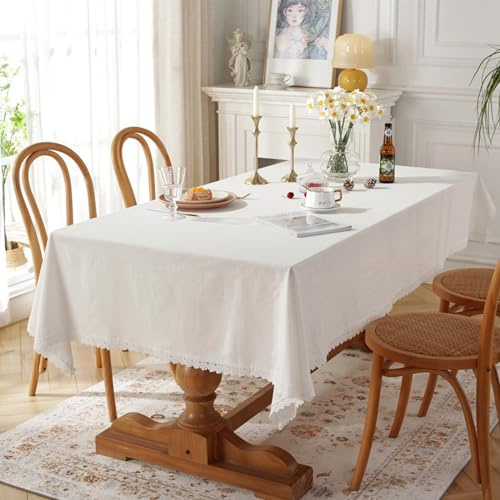 Tischdecke Elegant Schick, Baumwolle Einfarbig mit Spitzensaum Tischtuch für Küche, Picknick, Tischdekoration, Weiß, 140 x 220 cm