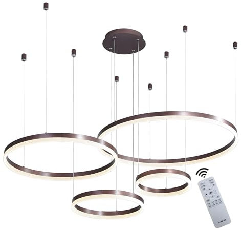 WayLuoung Metall LED Kronleuchter | 4 Kreise 20+40+60+80cm | 100W Rings Deckenhängelampe, Dimmbare Fernbedienung 3000–6000K, Acryl Schirm Pendelleuchte, Wohnzimmer Schlafzimmer Foyer Esszimmer【Braun】
