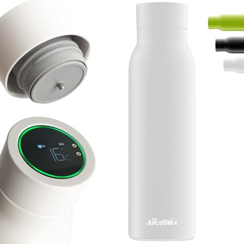 JuiceBox® 600ml Smart Bottle, Edelstahl Vakuum-isolierte Flasche, Temperaturanzeige, 24 Stunden Kälte- und 12 Stunden Wärmeerhalt, Trink-Erinnerung, Display, Selbstreinigend, Zubehör (Weiß)