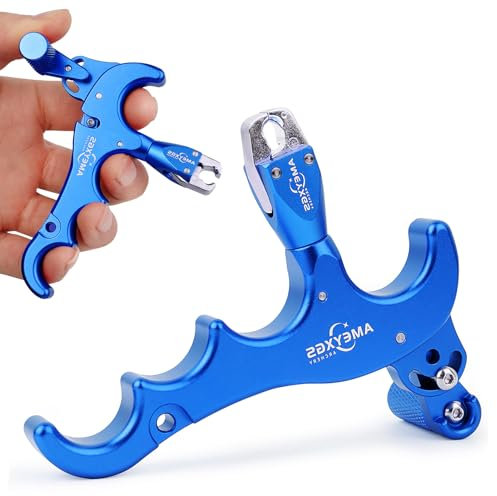 ZSHJGJR Bogenschießen Compound Bogen Release Aids 4 Finger Aluminiumlegierung Compound Bogen Release Einstellbare Empfindlichkeit Caliper 360 Grad Klemmkopf (Blau)