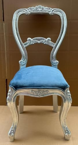 Casa Padrino Luxus Barock Damen Stuhl Blau/Silber - Handgefertigter Barockstil Schminktisch Stuhl - Luxus Schlafzimmer Möbel im Barockstil - Barock Möbel - Edel & Prunkvoll