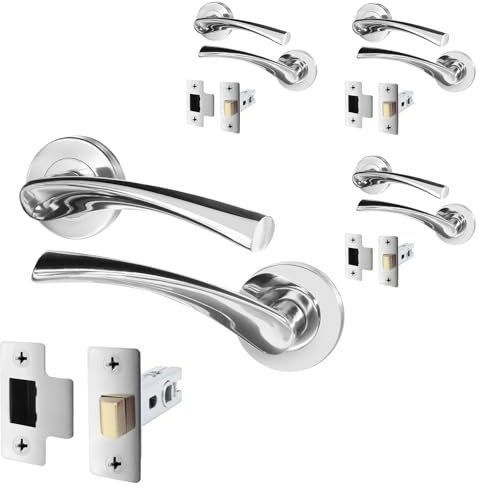 EAI Chrome Door Handle Latch Set - Pack of 4 | Round Internal Door Handles & Latch (64mm) | Polished Chrome Lever on Rose Novoli Range