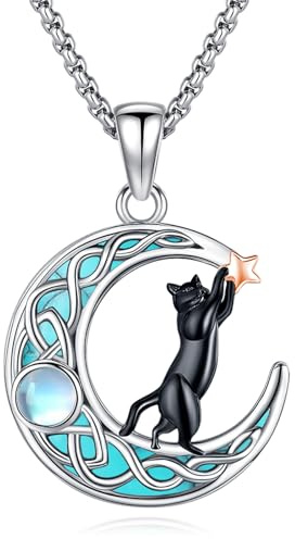 Eusense Katze Halskette Schwarz Katze Mond Anhänger Kette 925 Sterling Silber mit Türkis Schmuck Geschenk für Katzenliebhaber Frauen Mädchen