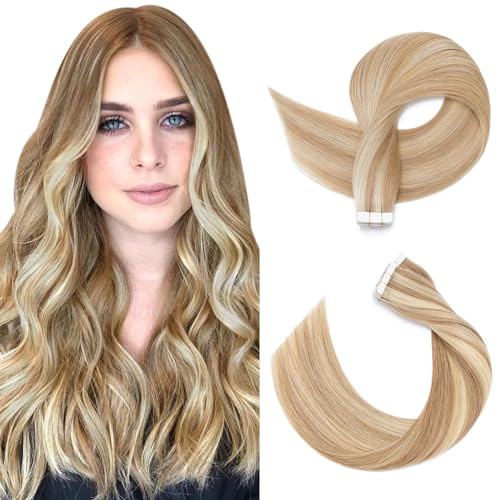 SEGOHAIR Invisible Tape Extensions Echthaar, 30.5 cm Tape Klebe Unsichtbare Tape Extensions Echthaar 10 Stück Echthaar Extensions Tape Glatte Natürliche Haarverlängerungen –Goldbraun Mix Bleichblond