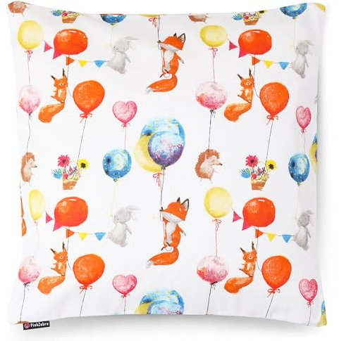 PinkZebra Kopfkissenbezug Kinder, Kissenbezug 80 x 80 cm aus 100% Baumwolle, Kissenhülle Jungen, Öko-tex Standard 100, Kinderbezüge mit Reißverschluss, Tiere und Luftballons