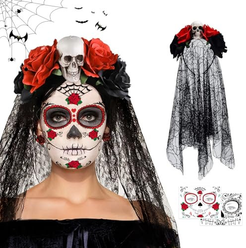 Hyran Serre Tete Halloween, Voile Noir Halloween, Serre Tete dia de los Muertos Femme, Couronne Halloween, Gothique Costume Voile, Serre Tete Halloween Femme