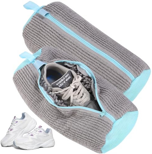 Bixury Bolsa Lavadora Zapatillas, 2 Piezas Bolsa Para Lavar Zapatillas en Lavadora, Bolsas Para Lavar Zapatos Protege los Zapatos e los Daños, con pelusa de limpieza a 360° (Gris)