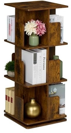Relaxdays Libreria Girevole, 3 Ripiani 95x39x39 cm, Scaffale Industriale Porta Libri, CD e Dvd, Torre Rotante, Marrone, Acciaio, Fibra di Legno