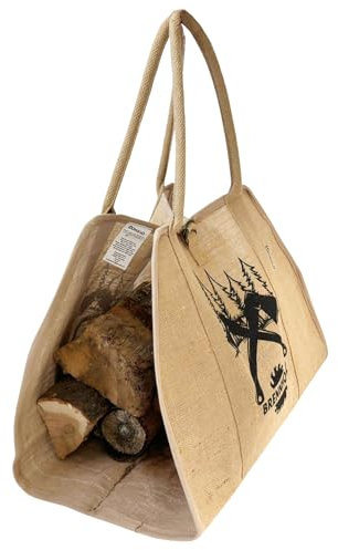 Domelo Jute Holztasche faltbar Brennholz Tragetasche mit Beschichtet, 20 kg belastbar nur für Kaminholz geeignet, Kaminholztasche, Holztransport Tasche als Kaminofen Zubehör für Drinnen und Draußen