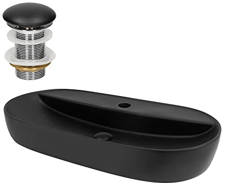 LuxeBath Waschbecken Keramik 800x400x120 mm oval Schwarz mit Ablaufgarnitur Schwarz, Aufsatzwaschbecken für Badezimmer/Gäste-WC, Aufsatzbecken modern, Waschtisch Waschschale Waschplatz Handwaschbecken